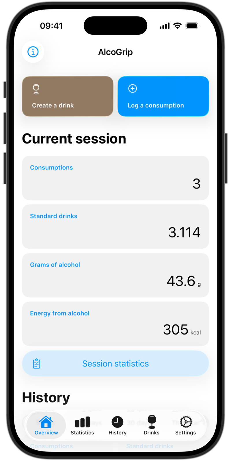 AlcoGrip overview showing the current session: 3 consumptions, 3.1 standard drinks, 43.6 grams of alcohol and 305 kcal