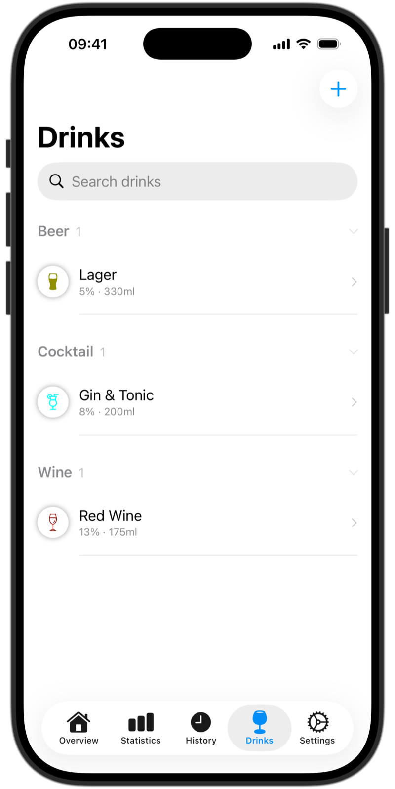 Drinks list with saved drinks grouped in collapsible categories