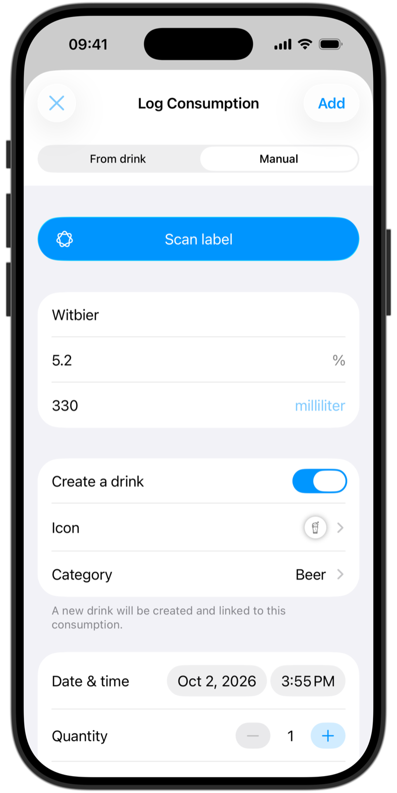 Logging a consumption manually, with the Scan label button and the Create a drink toggle
