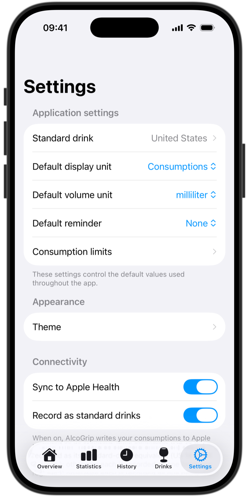 Settings with defaults, theme and Apple Health options