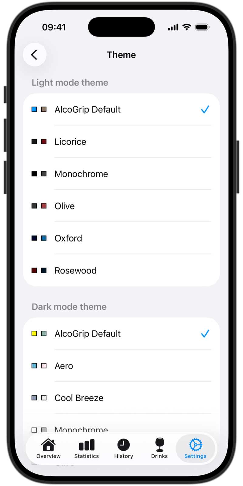 Theme picker with the light and dark color themes