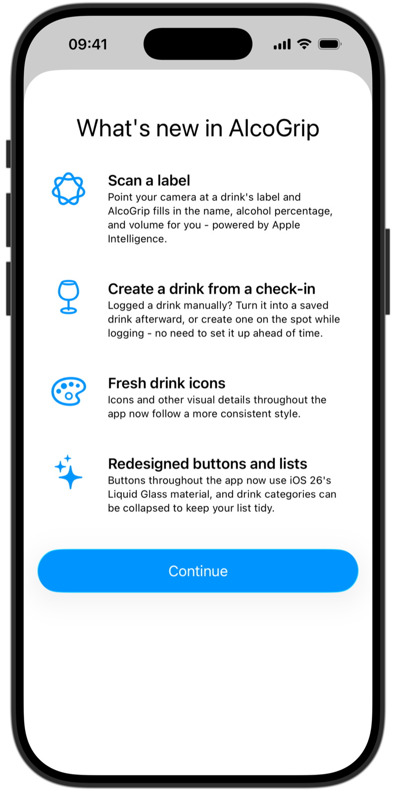 The What's New screen for AlcoGrip 2026.2