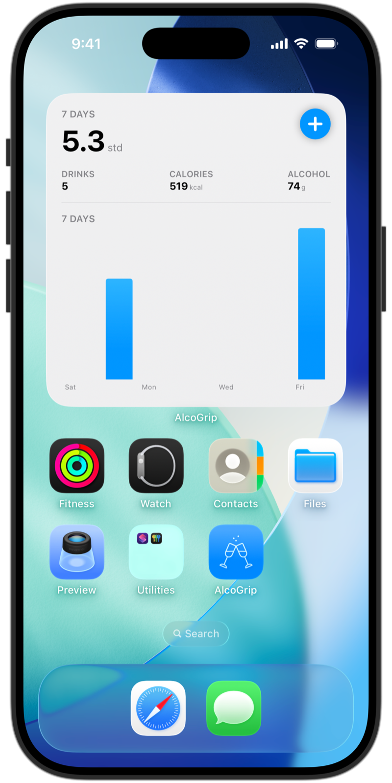 AlcoGrip widget on the iPhone home screen, showing the last 7 days: 5.3 standard drinks, 5 drinks, 519 kcal and 74 g of alcohol, with a bar chart